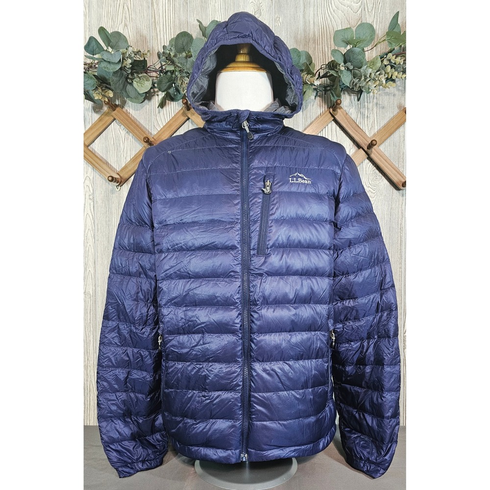 L.L.Bean Men's Large Stowaway Down Hooded Puffer Jacket Navy Blue Packable